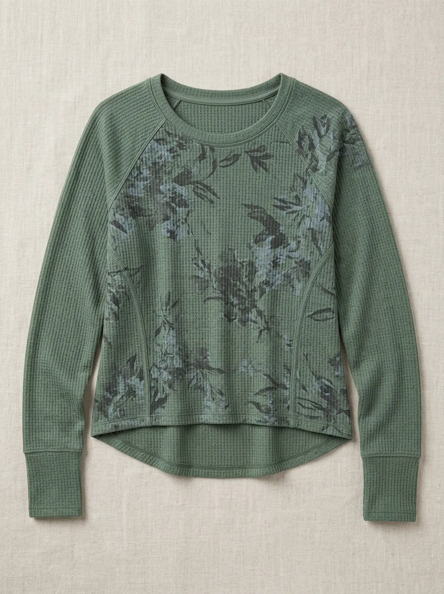 Women's Motion Floral Pattern Waffle Knit Printed Top