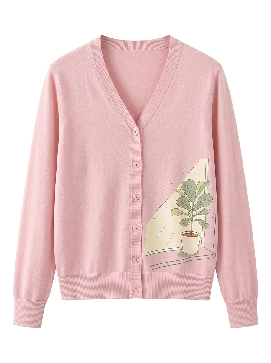 Women's V-Neck Graphic Rib-Trim Knit Cardigan
