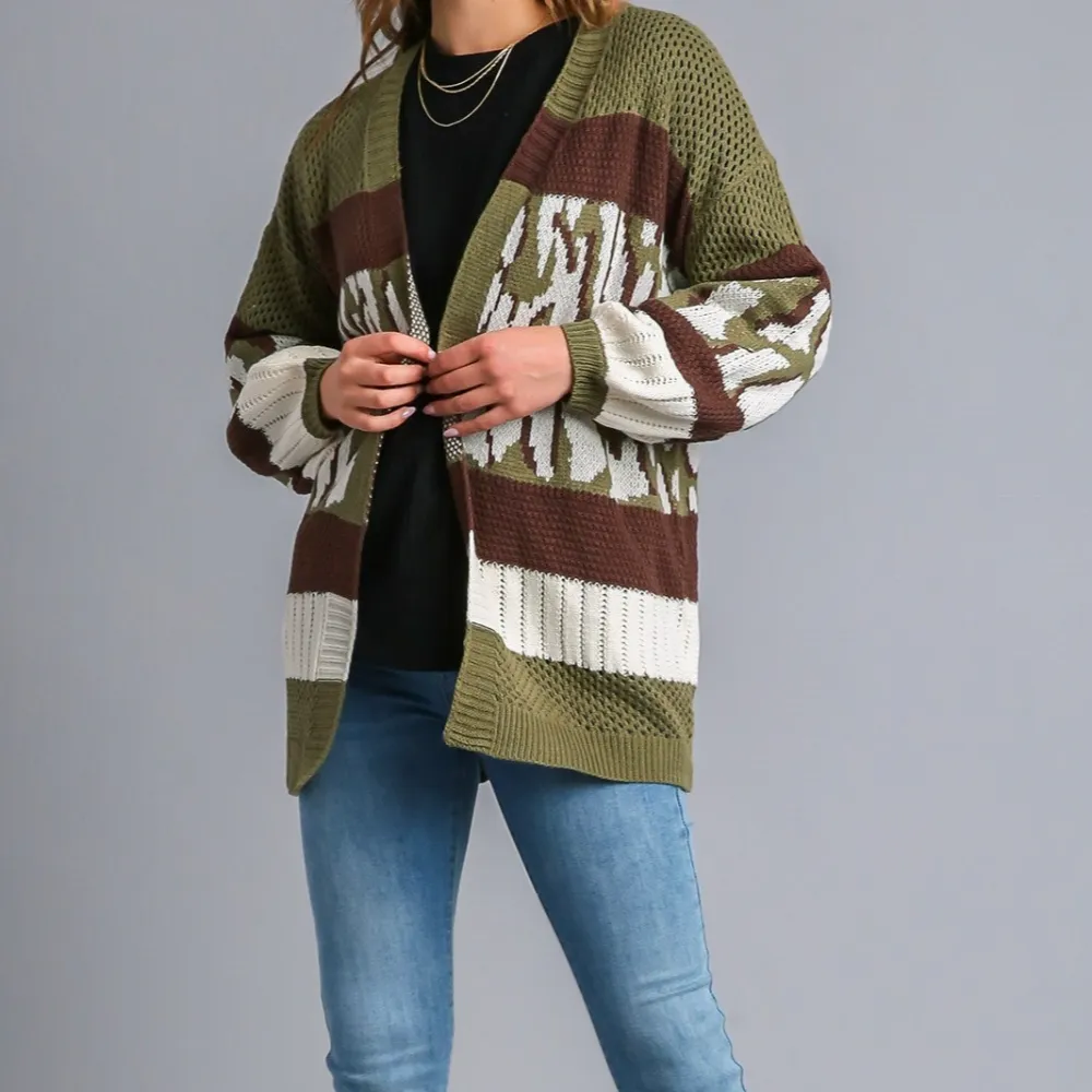 Chunky Knit Animal Print Color Block Cardigan