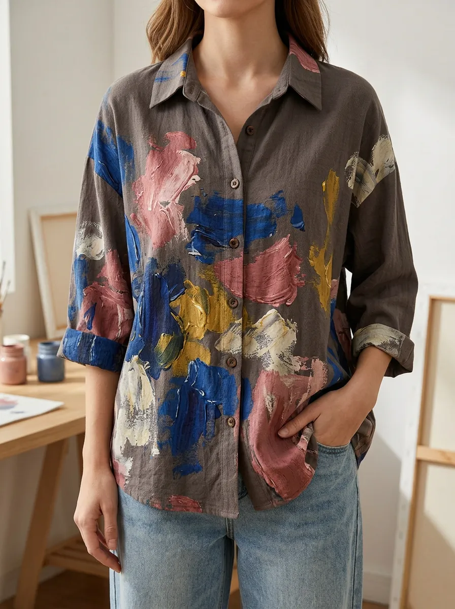 Women's Layered Art Lover Abstract Oil Painting Shirt