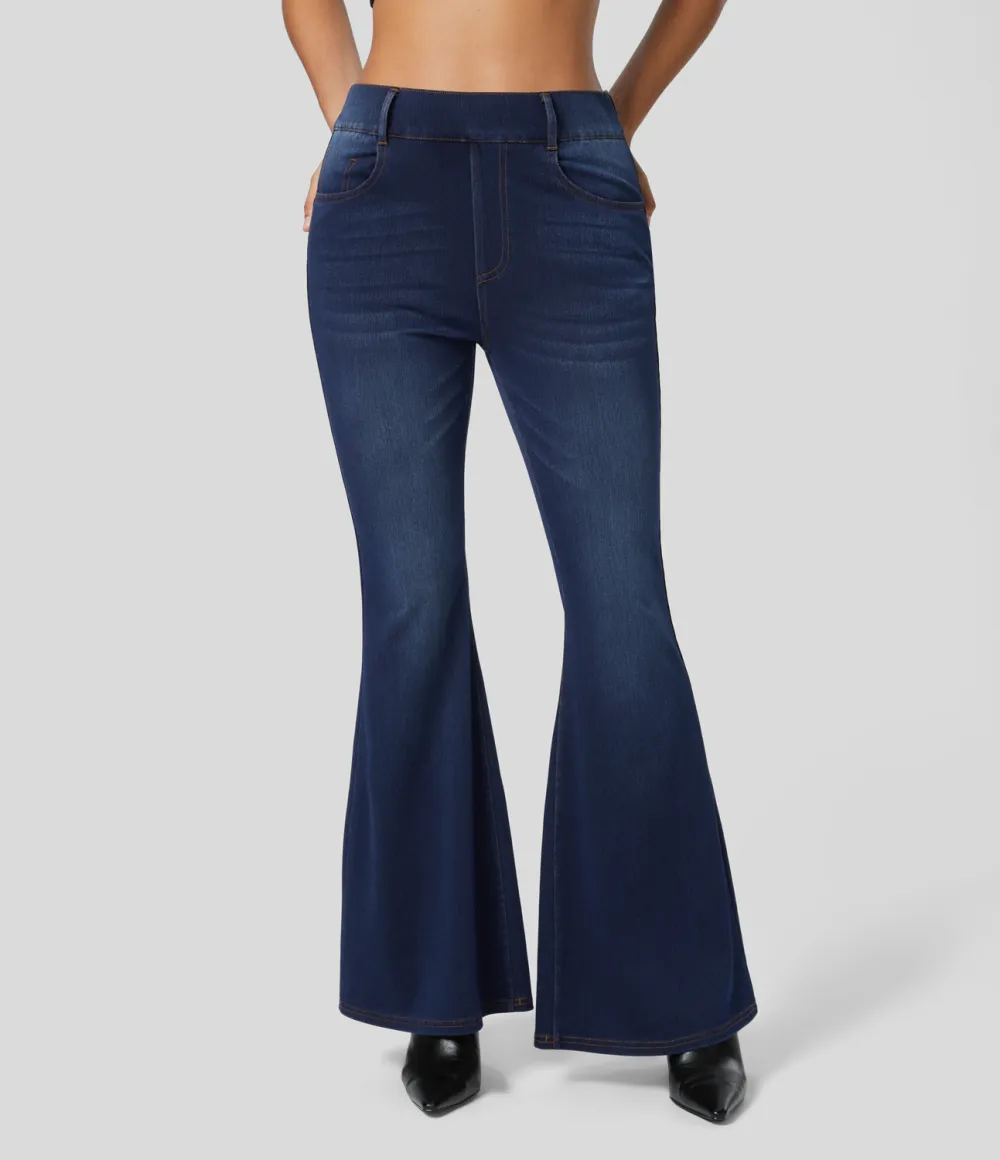 Magic High Waisted Multiple Pockets Stretchy Knit Denim Work Full Length Flare Leggings