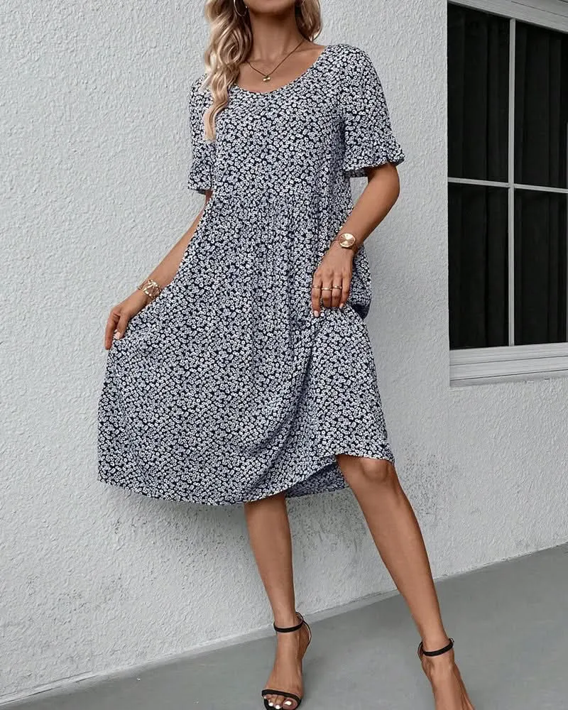  Casual Ditsy Floral Smock Midi Dress