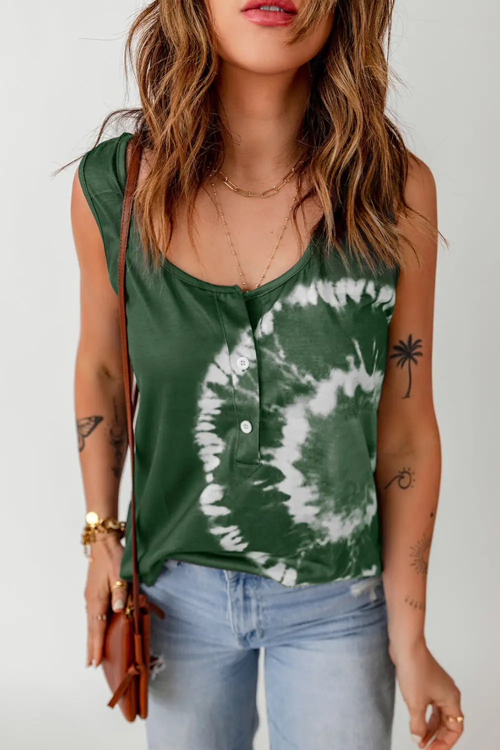 Tie-Dye Scoop Neck Henley Tank Top