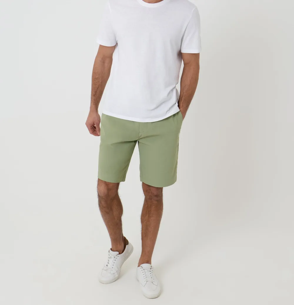 Sage Green Regular-Fit Elastic-Waist Stretch Twill Shorts