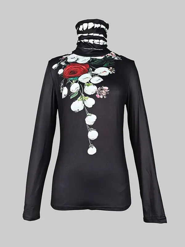 Long Sleeve Slim Fit Floral Print Panel Detail High Neck T-Shirt