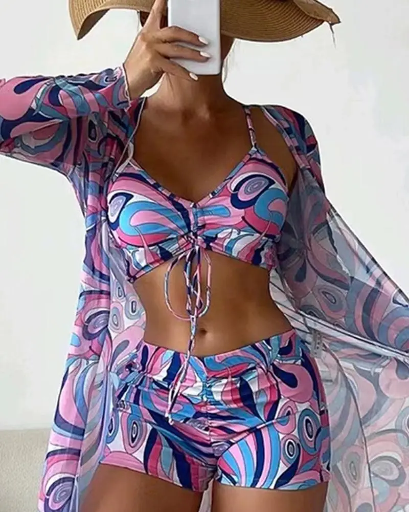 3PCS Abstract Print Drawstring Bikini Set With Cover Up