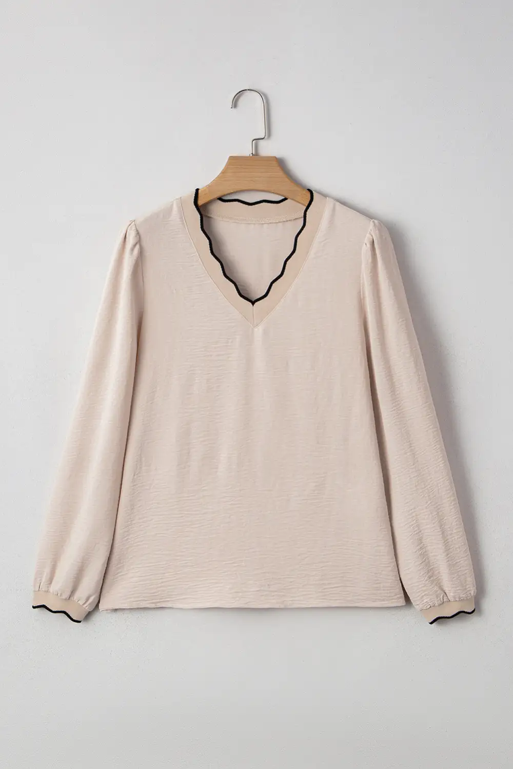 Contrast Scallop Trim V Neck Long Sleeve Blouse