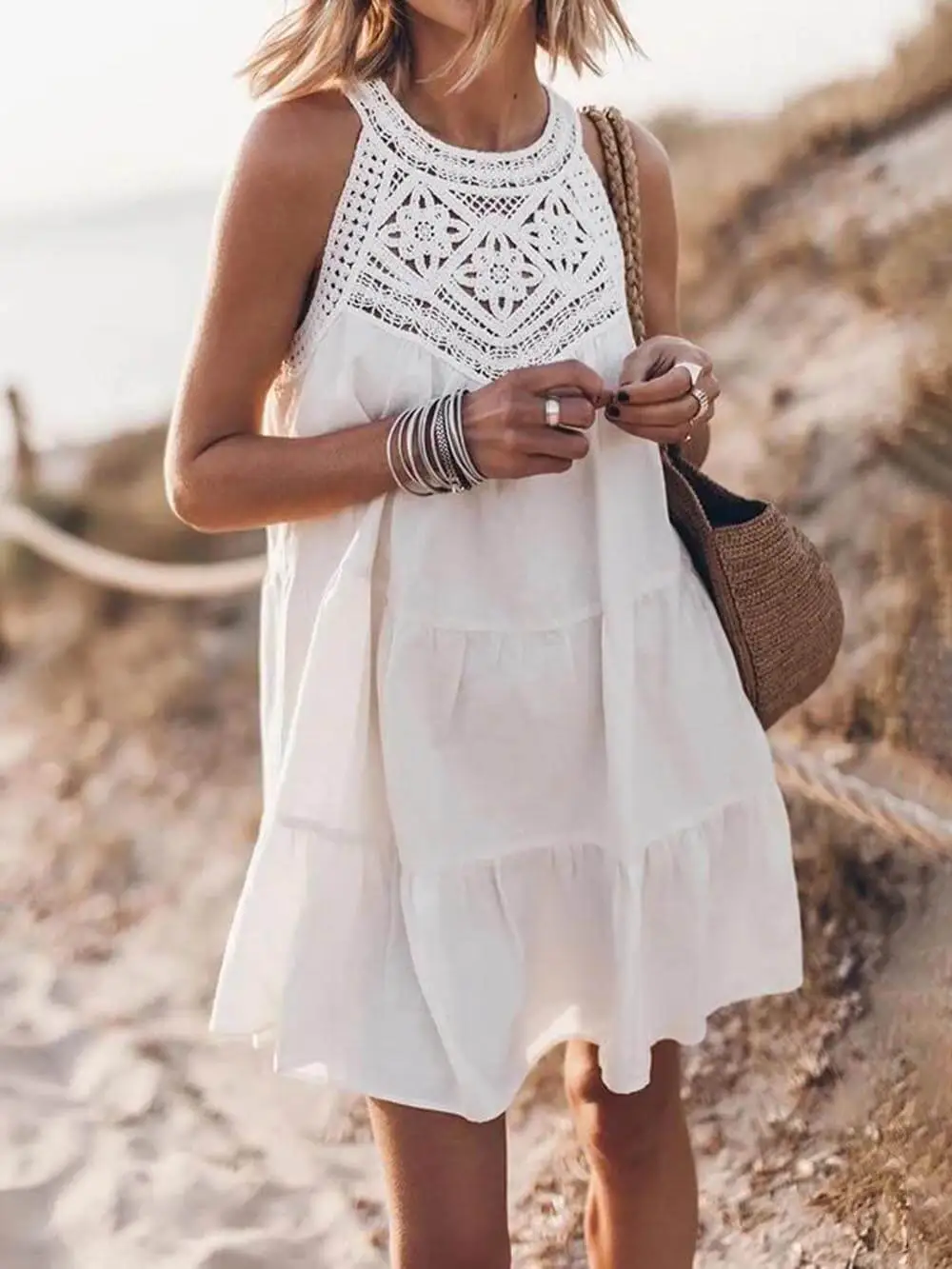 Hollow Lace Patchwork Halterneck Line Mini Dress