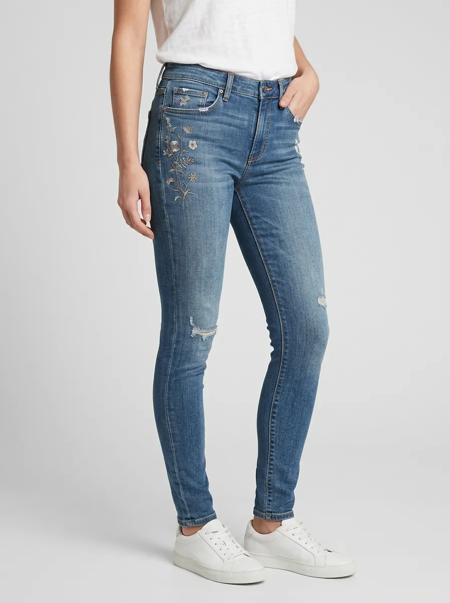 Women's Willow Floral Embroidery Distressed Printed Slim Jeans