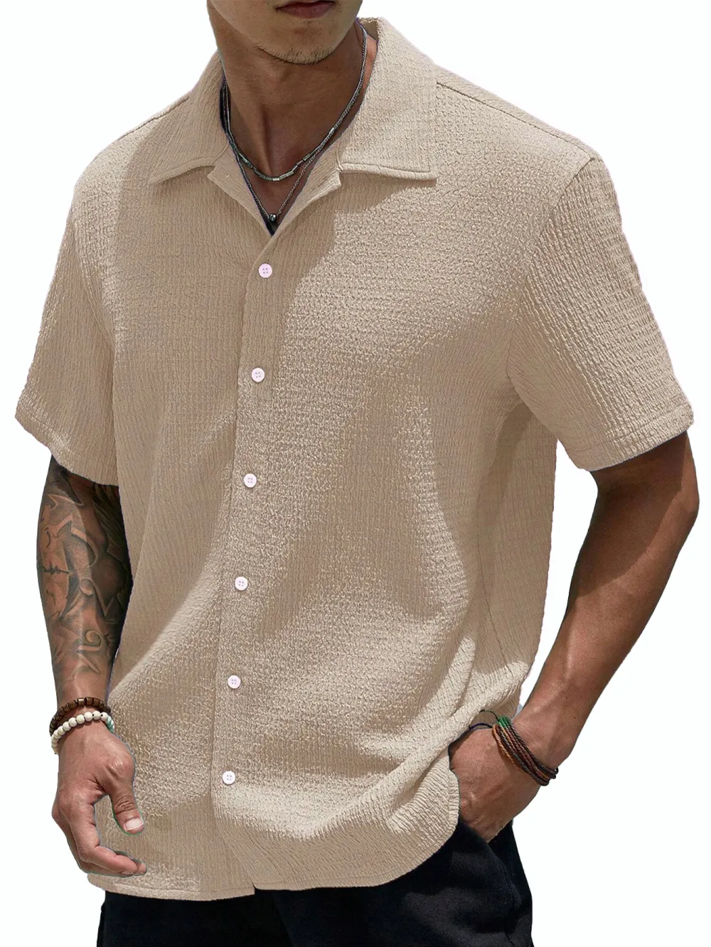 Short Sleeve Open Collar Pleated Front Shirt