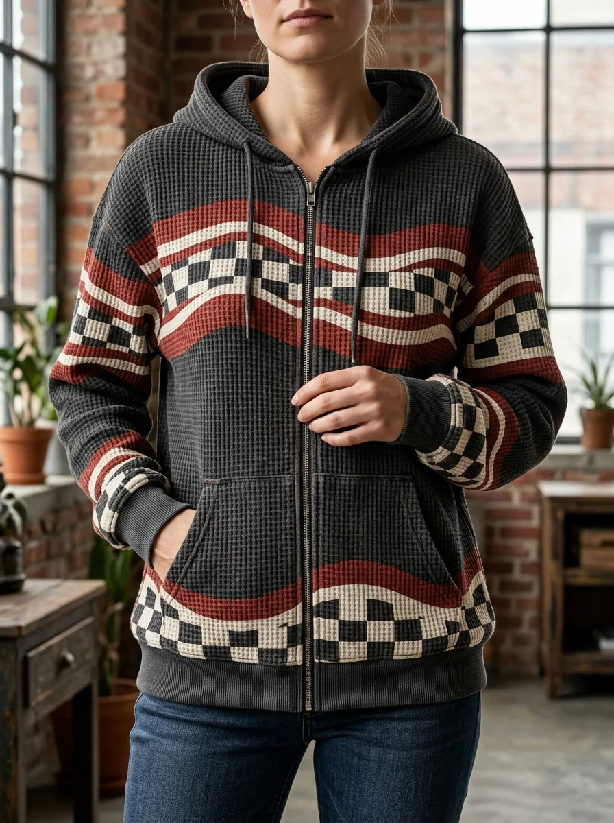 Women's Geometric Checkered Pattern Printed Waffle Zip Hoodie