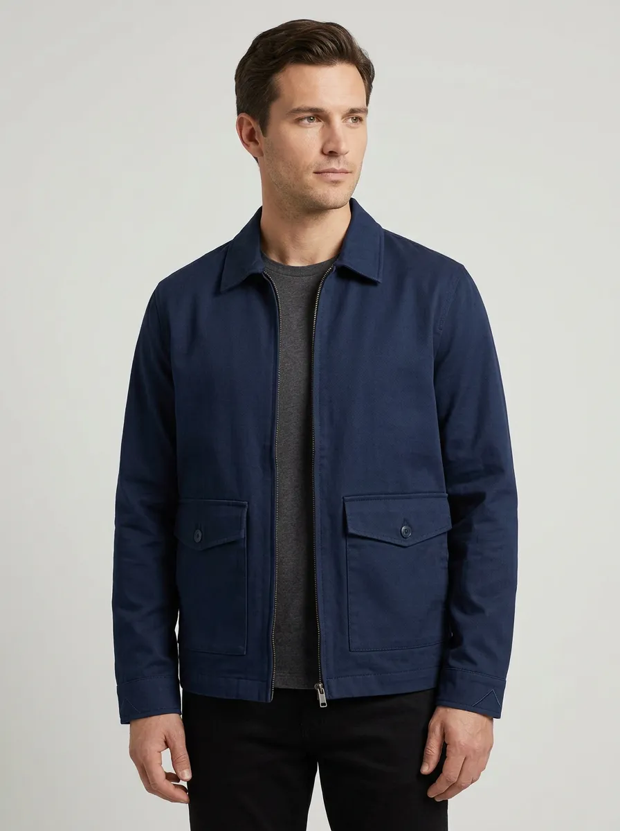 Men's Casual Navy Blue Solid Color Zip-Up Utility Jacket