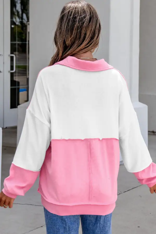 Color Block V Neck Relaxed Cotton Blend Long Sleeve Top