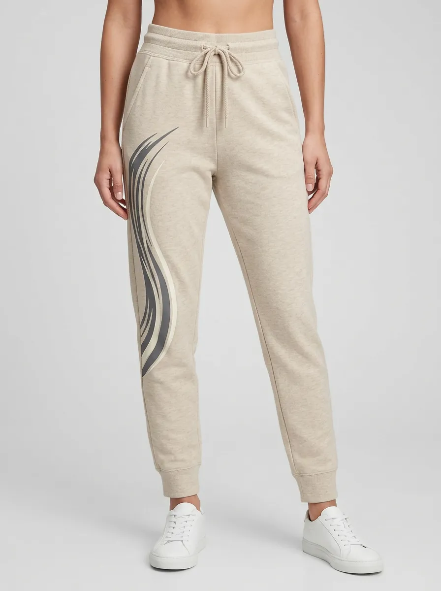 Women's Casual Beige Abstract Wave Graphic Joggers