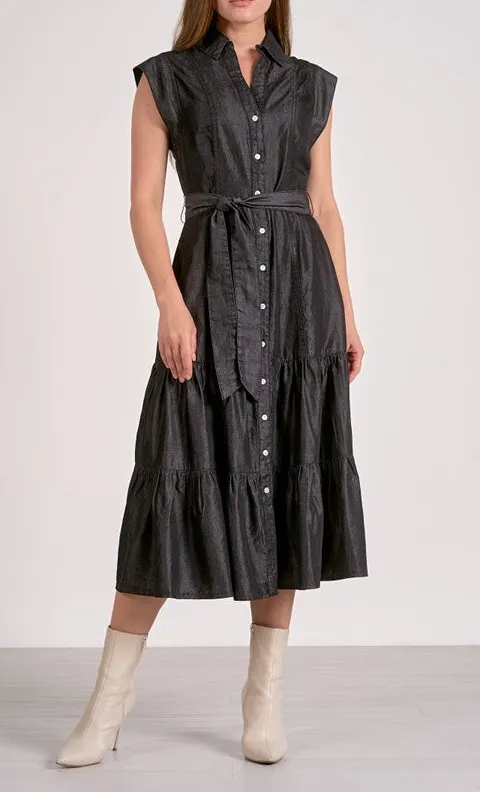 Black Belted Cap Sleeve Tiered Midi Dress