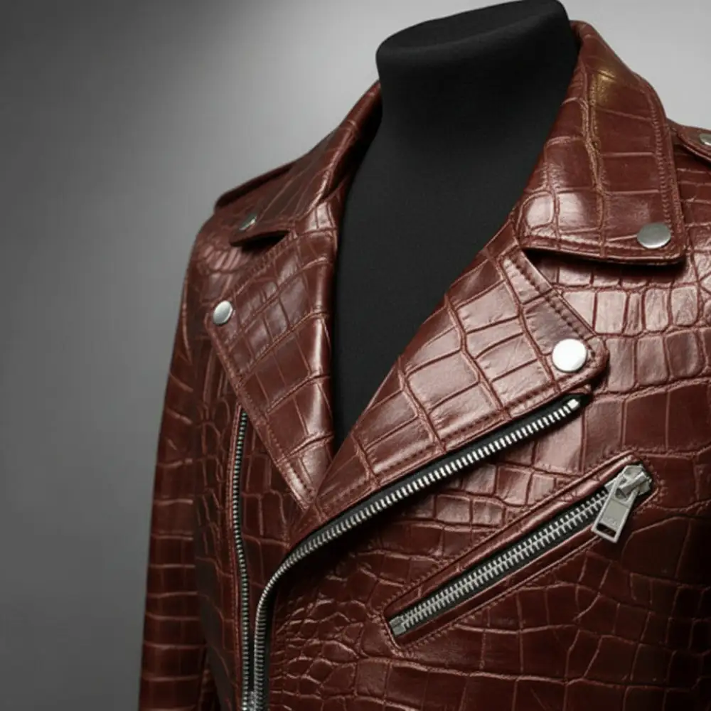 Classic Cowhide Biker Motorcycle Embossed Jacket