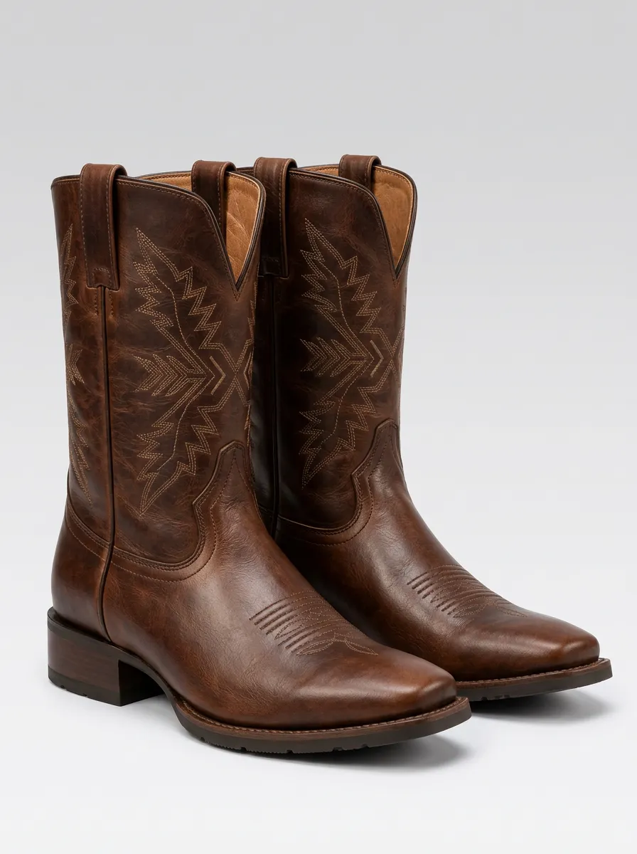 Men's Brown Leather Western Boots with Embroidered Stitching