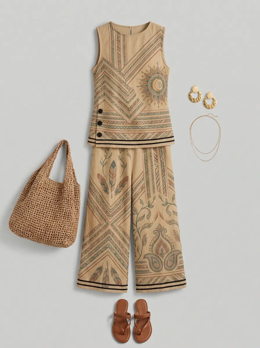Women's Boho Geometric Sun Feather Printed Sleeveless Set