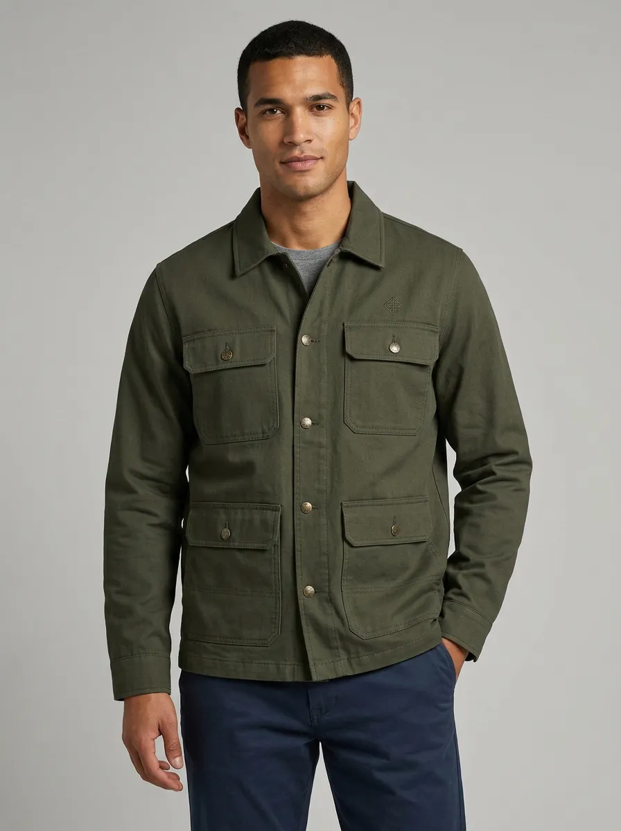 Men's Olive Green Utility Multi-Pocket Button-Up Jacket