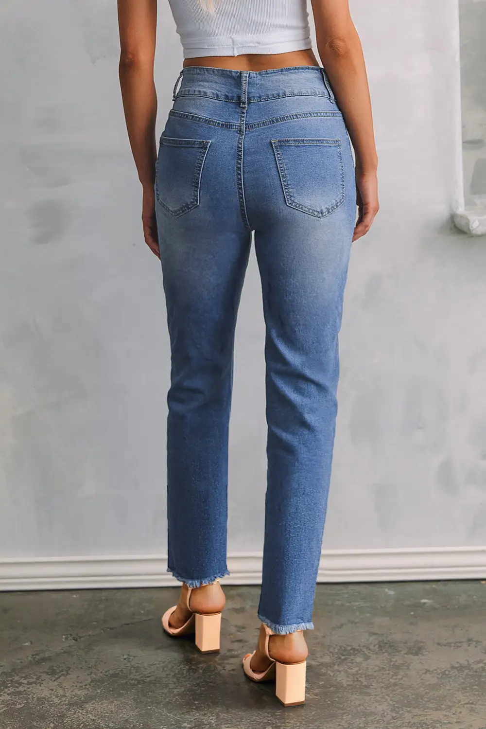 Women's Double Button Raw Hem Slim Fit Jeans