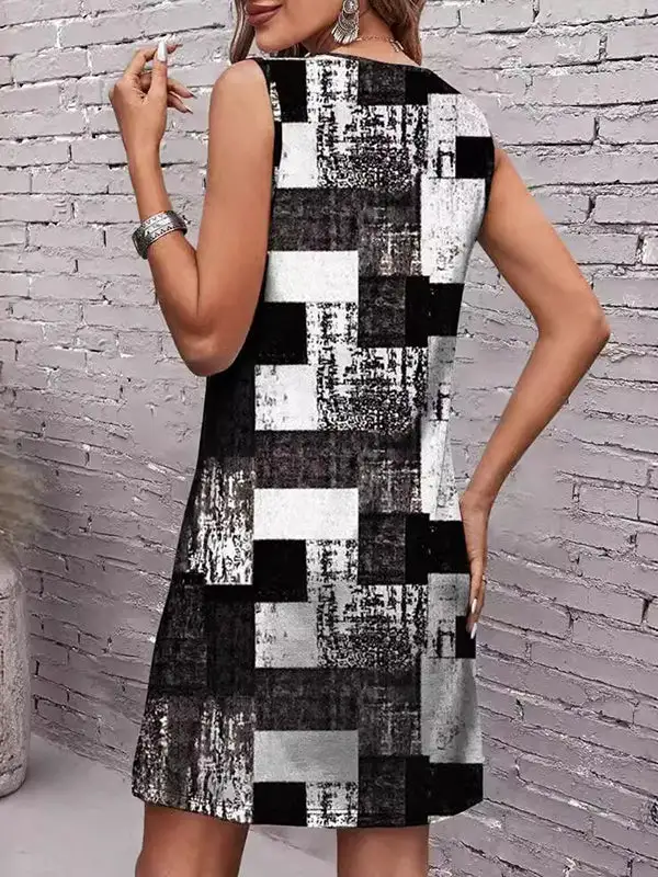 Sleeveless Plaid Round Neck Mini Dress