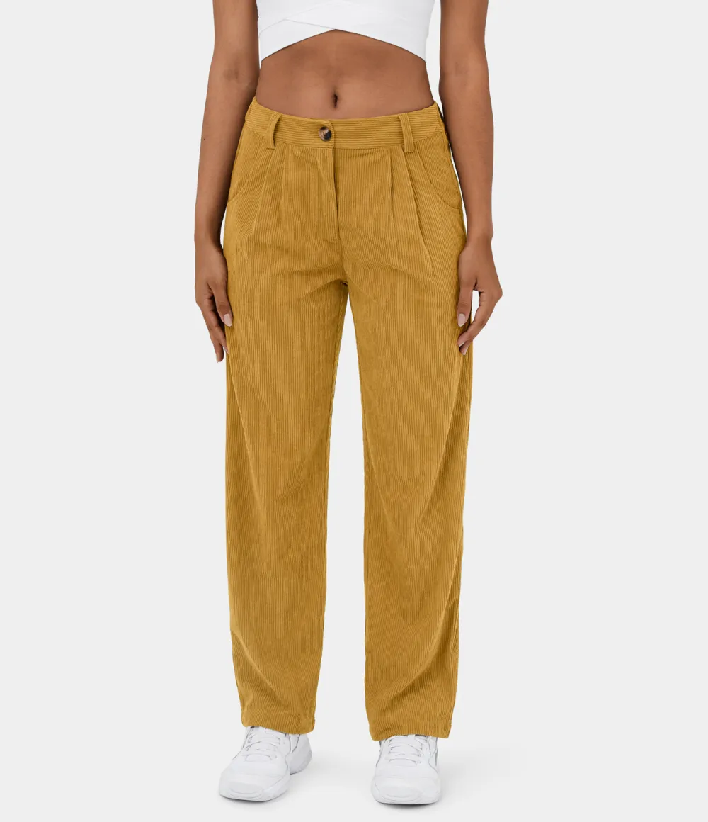 Mid Rise Button Zipper Side Pocket Corduroy Casual Pants