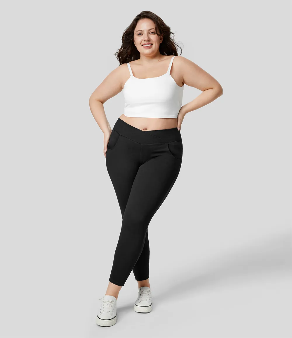 Magic High Waisted Crossover Multiple Pockets Stretchy Knit Denim 7/8 Plus Size Work Leggings