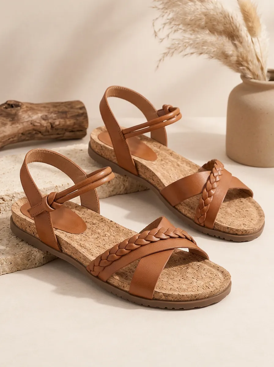 Women's Braided Cork Detail Everyday Flat Sandals