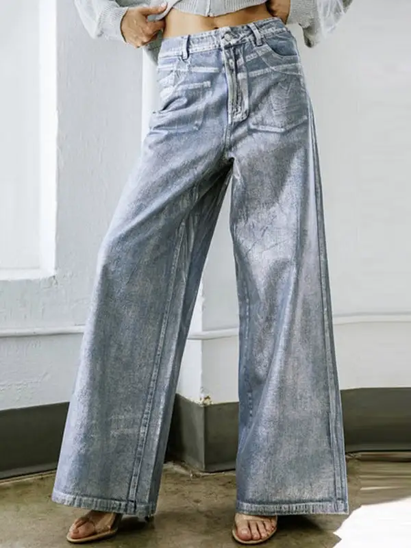 Printed High Waist Relaxed Fit Wide Leg Seamed Jeans