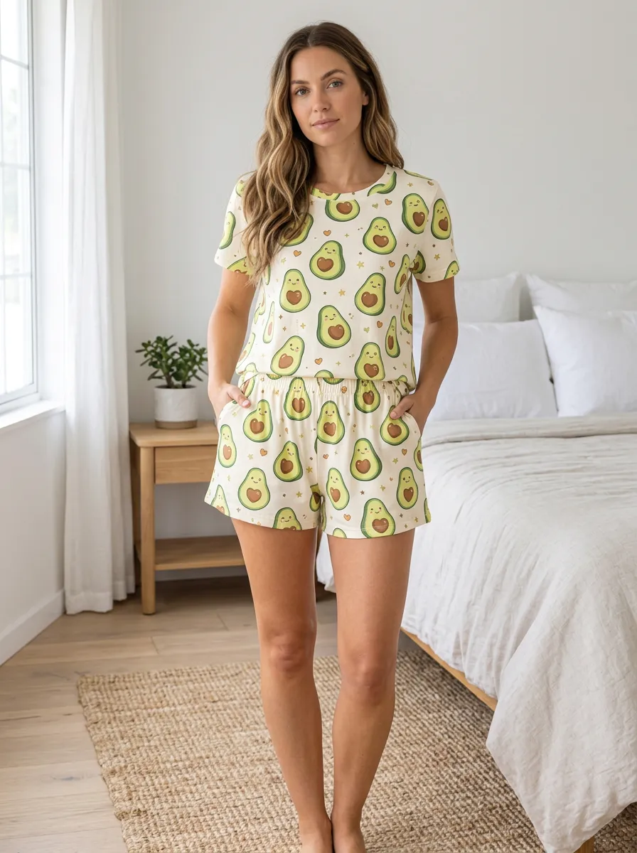 Women's Cute Avocado Lover Heart Printed Pajama Set