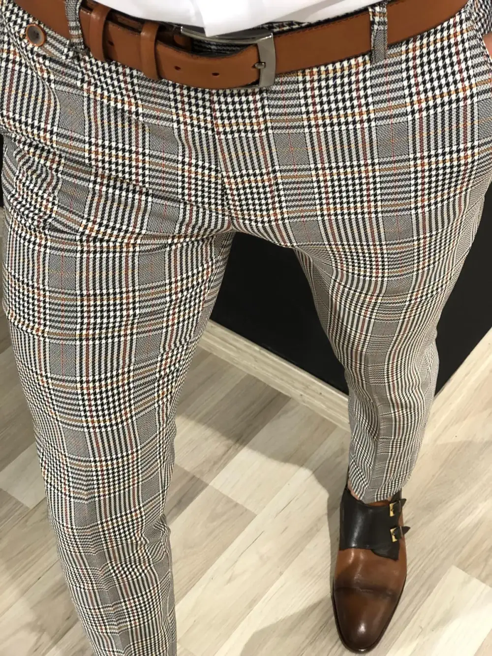 Refined Textured Slim Fit Plaid Tailored Trousers