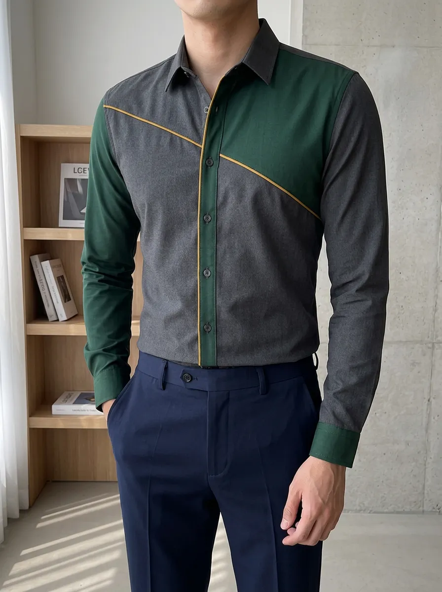 Men's Smart-Casual Colorblock Patchwork Long Sleeve Slim Fit Shirt