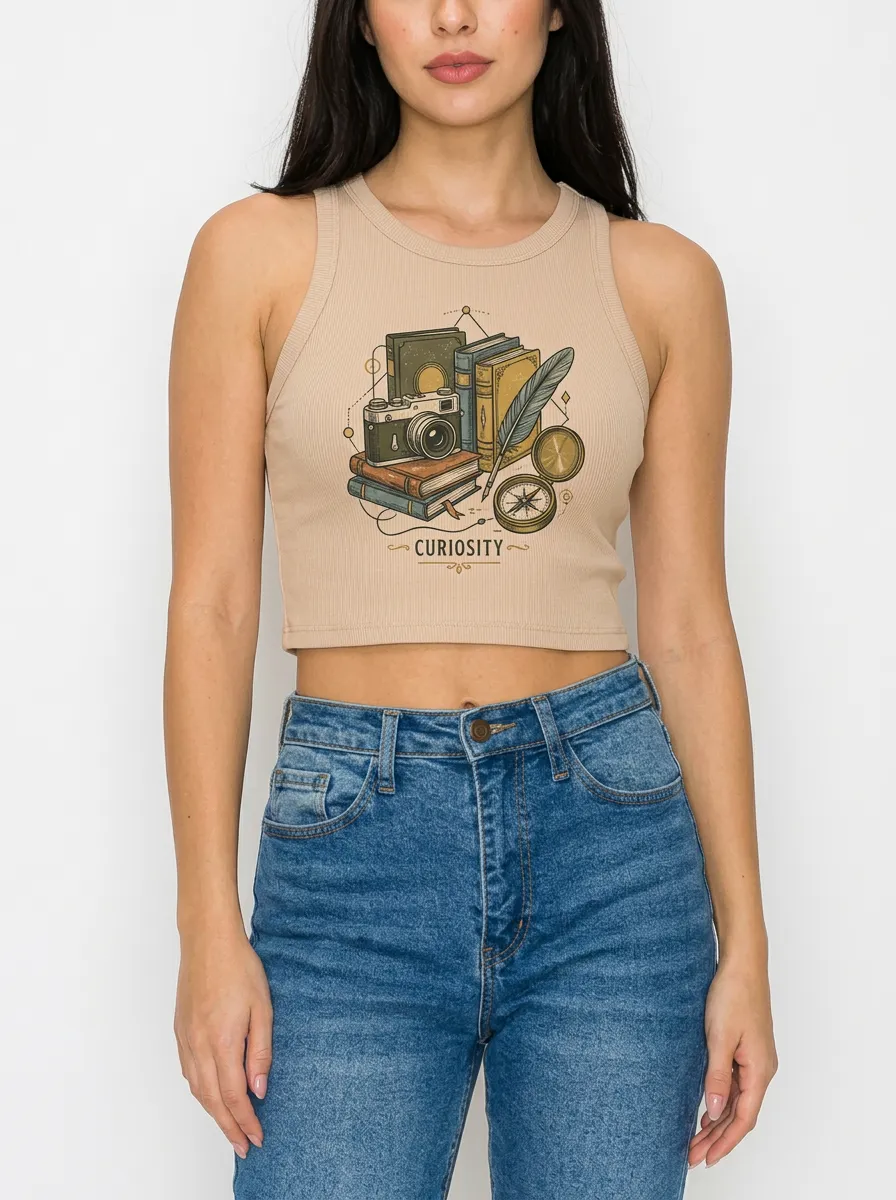 Women's Curiosity Book Camera Compass Printed Ribbed Crop Top