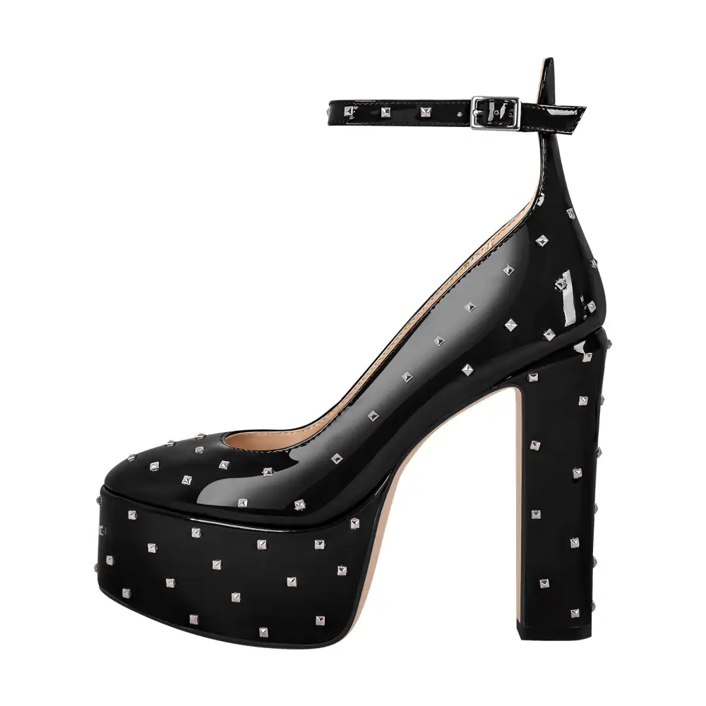 Rivet Round Toe Platform Chunky Heel Ankle Strap Pumps