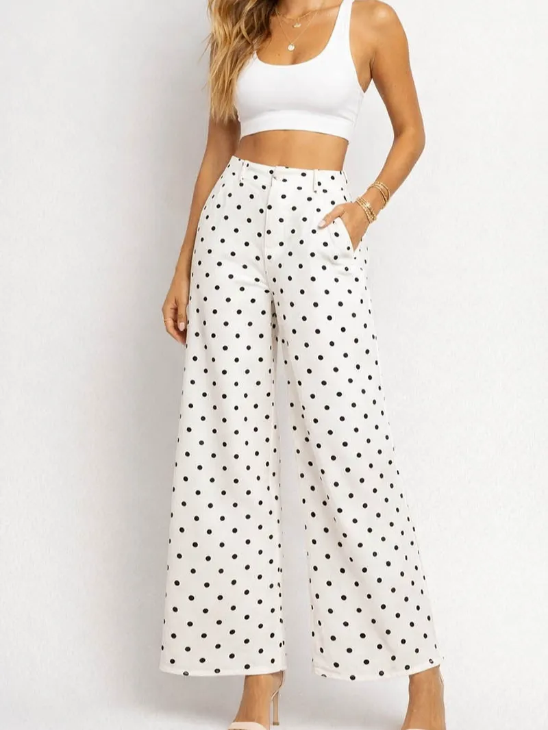 Polka Dot Button Front Pockets Wide Leg Denim Pants