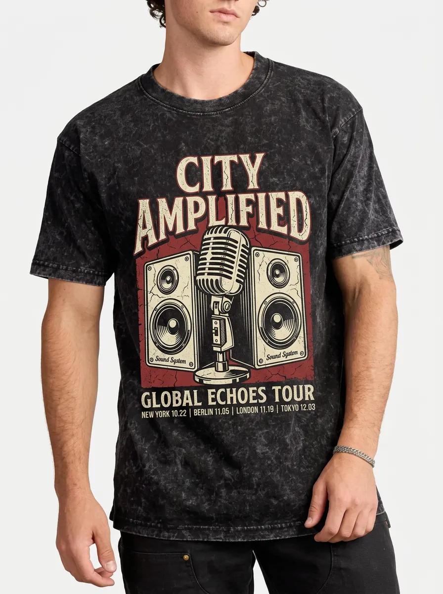 Men's Music Lover City Amplified Microphone Speaker Printed T-shirt