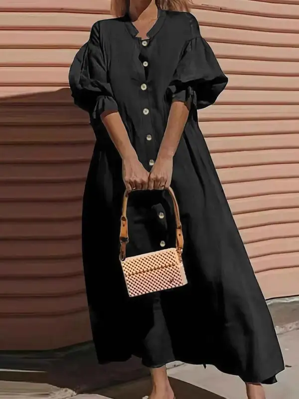 Plus Size Button Front Puff Sleeve Shirt Dress