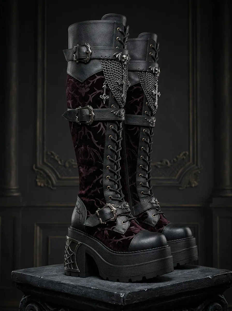 Darkwear Bat Cross Chain Look Women's Gothic Platform Boots