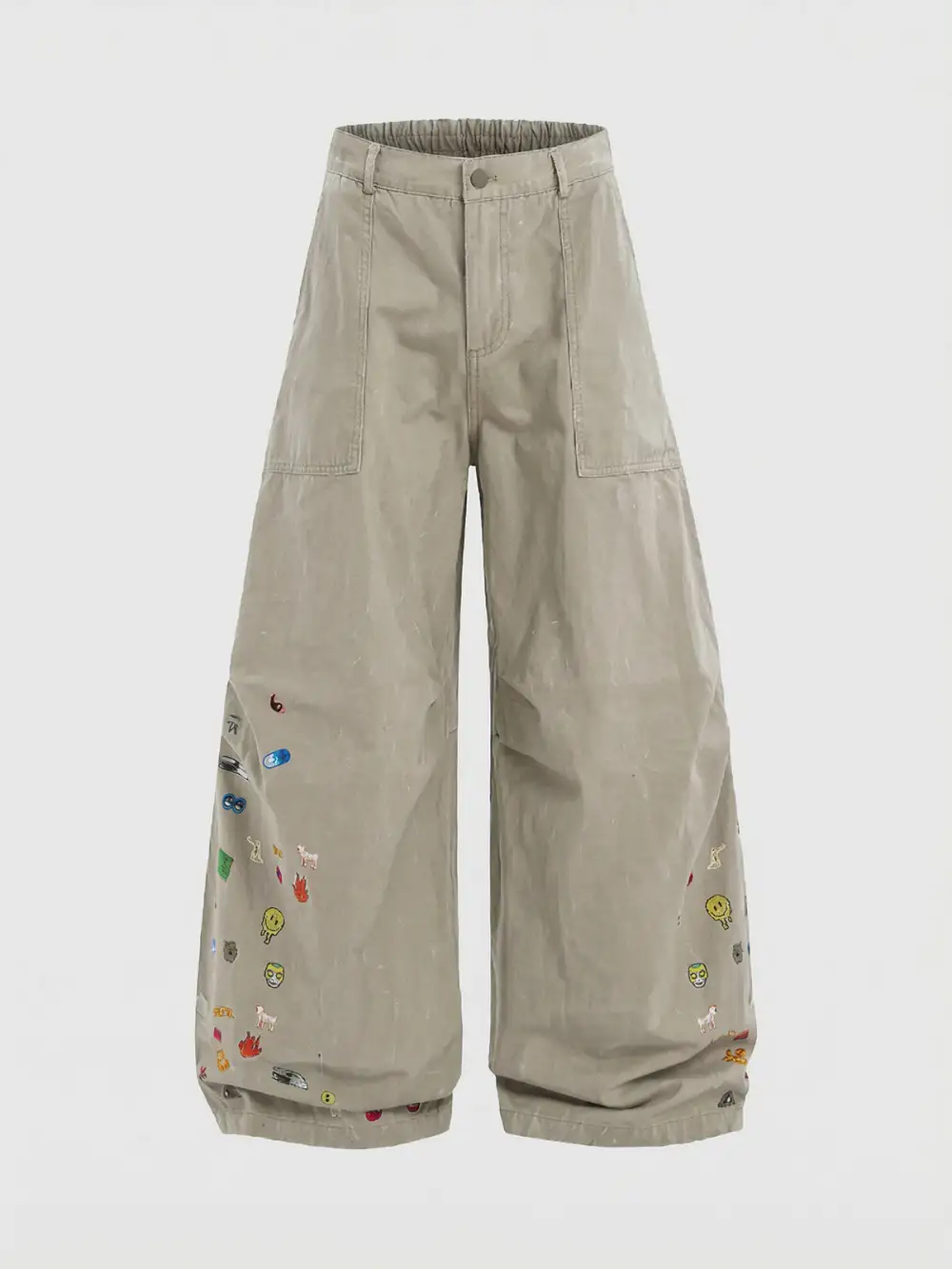 Barrel-Leg Curved-Cut Embroidered Pants