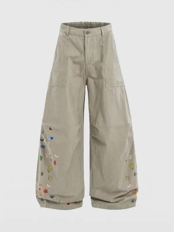 Barrel-Leg Curved-Cut Embroidered Pants