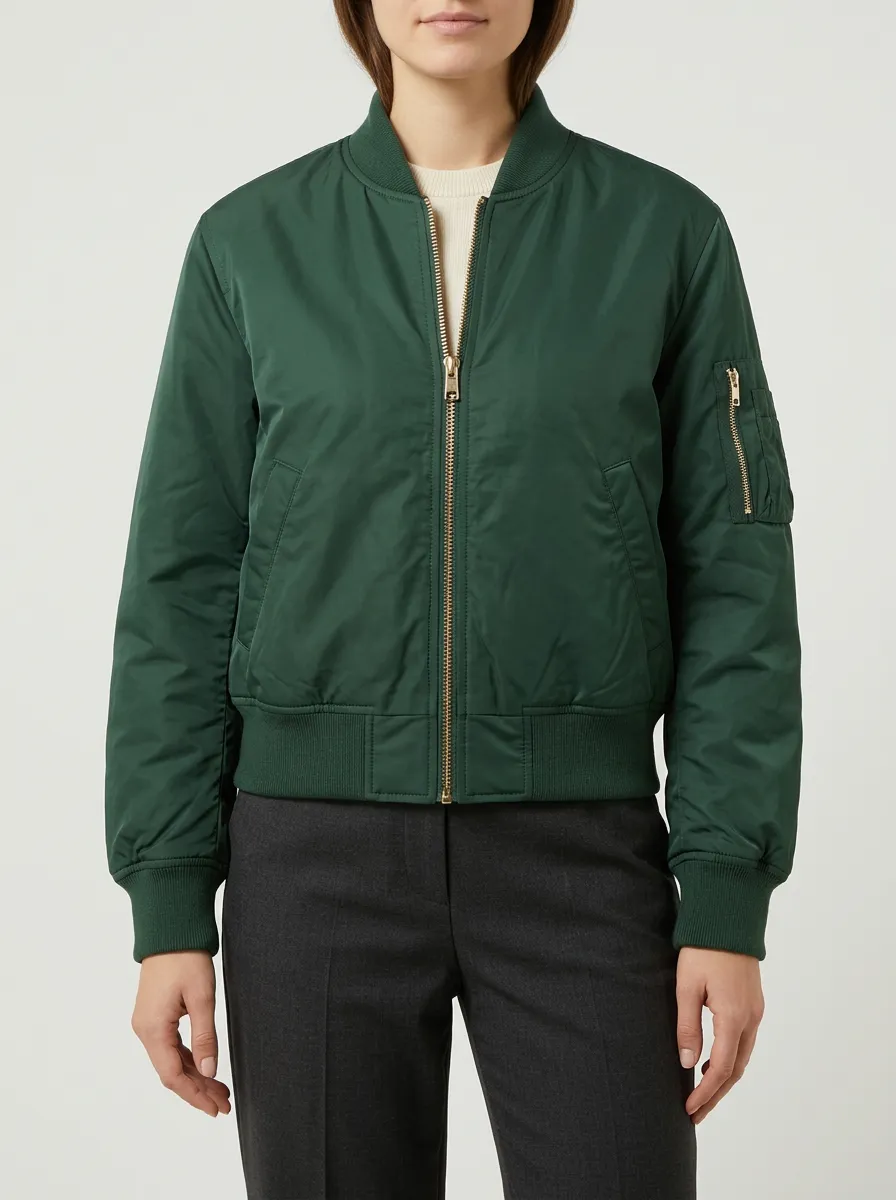 Women's Green Solid Color Zip-Up Bomber Jacket