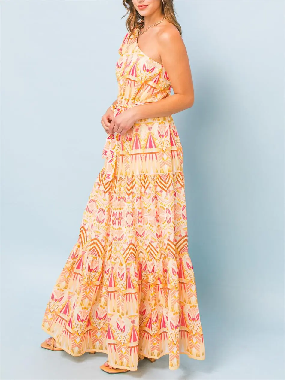 Printed One Shoulder Maxi Dress