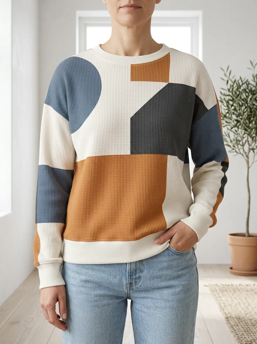 Women's Abstract Geometric Pattern Pullover Waffle Knit Crewneck Sweatshirt