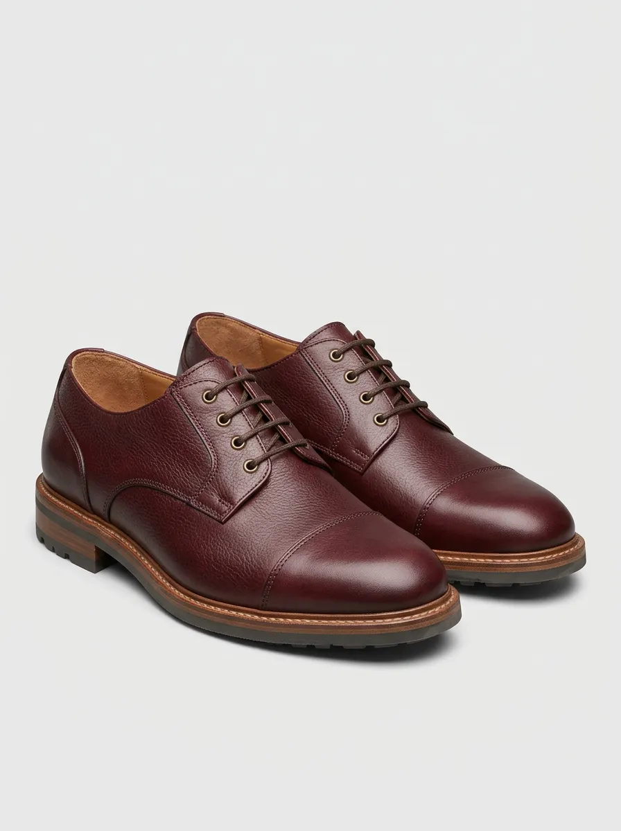 Men's Business Casual Burgundy Pebble Grain Leather Cap Toe Oxford Shoes