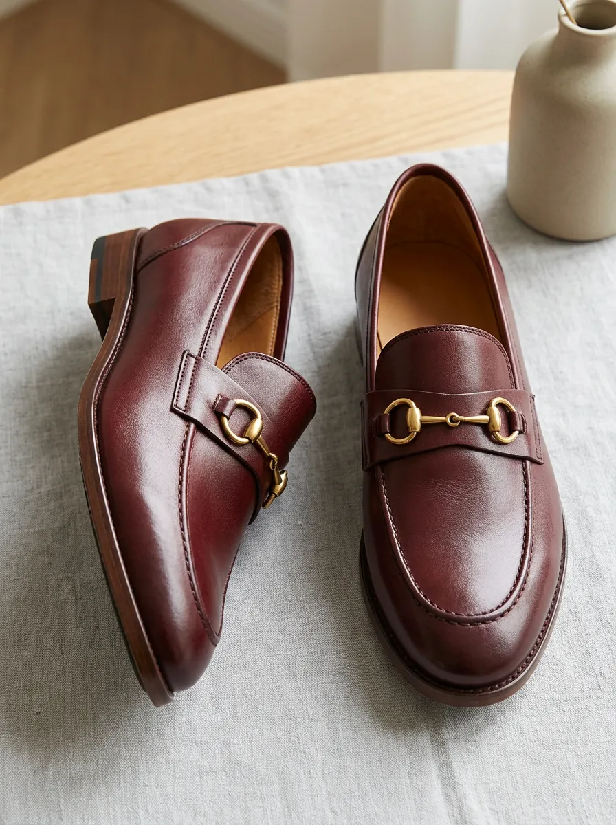 Unisex Burgundy Leather Horsebit Metal Detail Loafers
