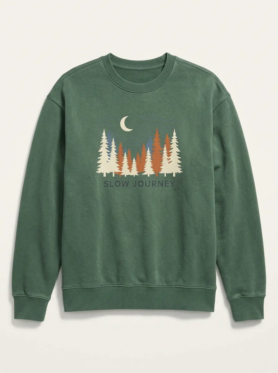 Unisex Nature Lover Slow Journey Moon Pine Forest Printed Sweatshirt