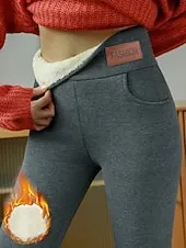 Women's Fleece Lined Leggings Leggings Cozy Fleece Lined Fashion Comfort Full Length High Waist Letter Patchwork Thermal Warm Soft Breathable Micro-elastic Casual Daily Outdoor Black Gray Fall Winter