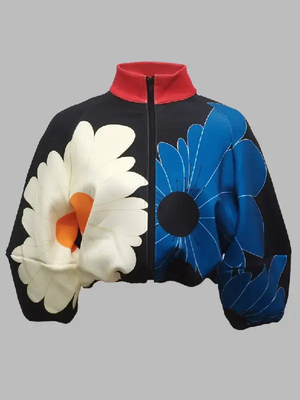 Stand-Collar Floral Floral-Print Casual Outerwear Jacket
