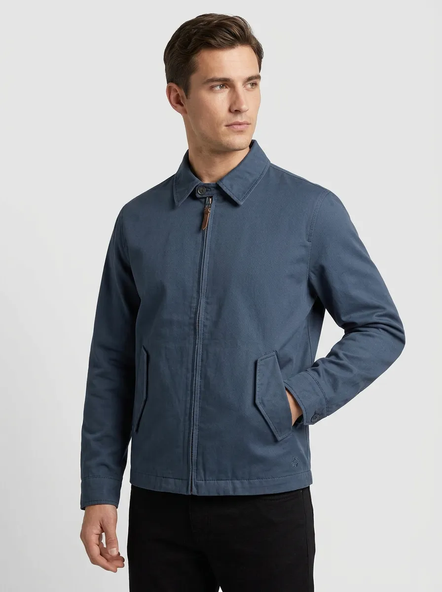 Men's Casual Minimalist Solid Blue Zip-Up Harrington Jacket
