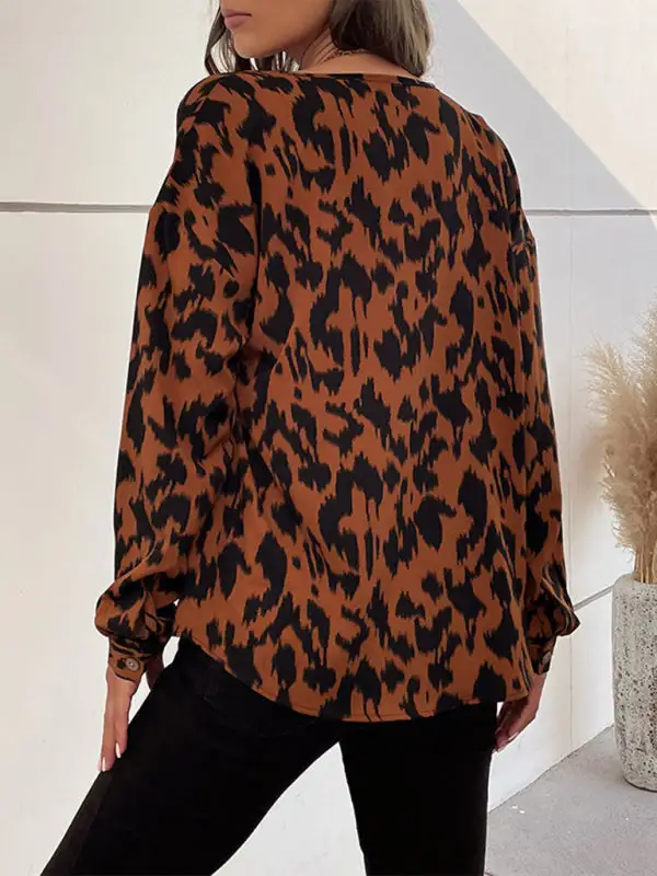 Round-Neck Long-Sleeve Leopard-Print Pocketed Casual Shirt